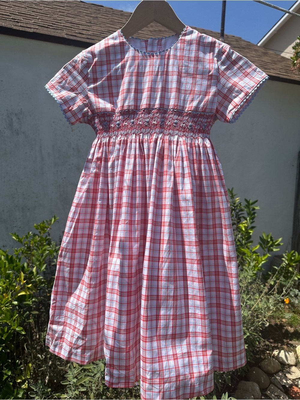 La Coqueta Smocked Red Check Pure Cotton Dress Girls 10